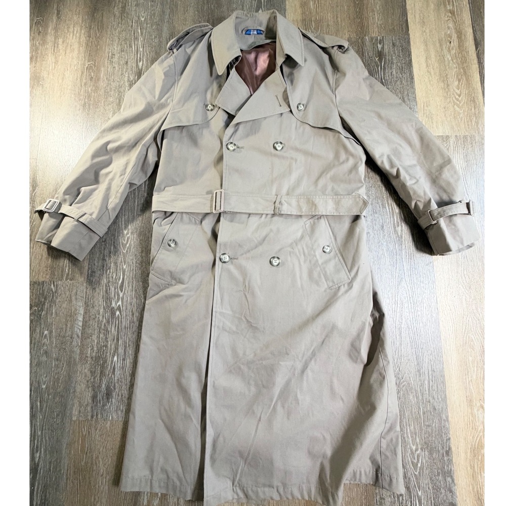 Towncraft Trench Coat Mens 42 Long Tan Double Breasted Belted Overcoat